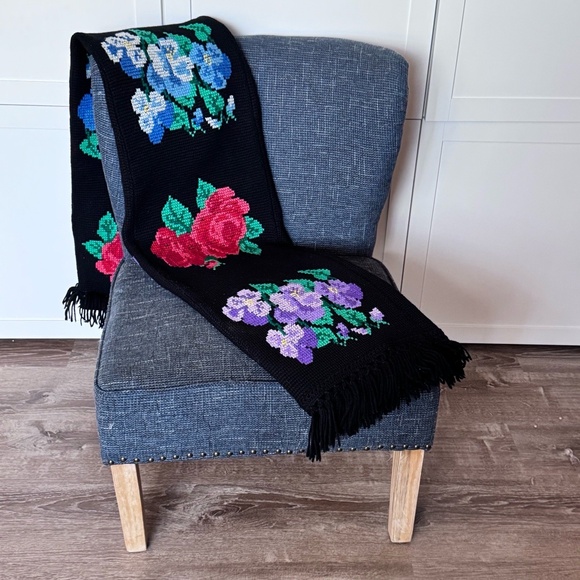Handmade Other - Vintage Handmade Floral Cross Stitch Afghan Blanket Black Yarn 48”w x 68” l 70’s
